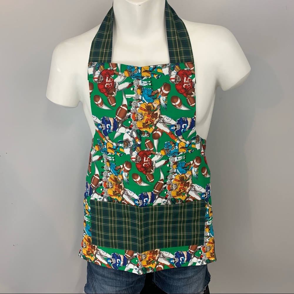 Homemade Full Bib Apron Football Tartan Green Blue
